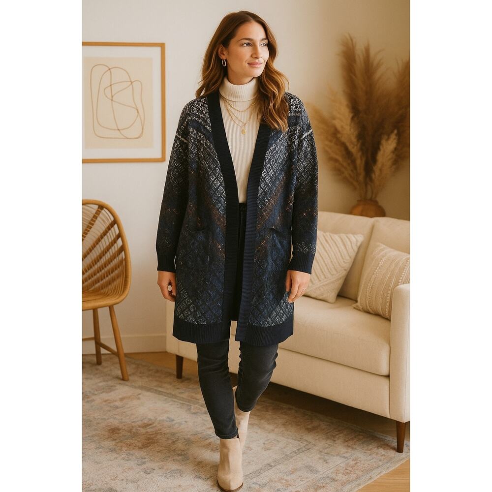 Desigual Longline Duster Cardigan | Navy Wool Blend Knit Sweater | XL